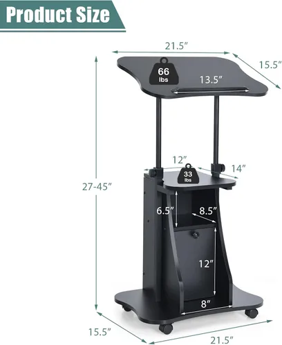 Vista 3 de Podio portátil para laptop, soporte de podio portátil de altura ajustable, escritorio de atril rodante con almacenamiento, parte superior inclinable