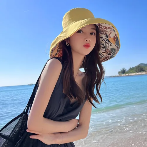 Vista 17 de Sombrero de sol de ala súper ancha para mujer, de algodón, plegable, reversible, con borde con cable, protección UV, verano, playa, viajes, jardín