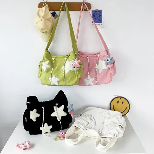 Vista 6 de Bolso cruzado de pana para mujer, diseño de estrella, bolso de mensajero estético, lindo bolso de hombro Y2K