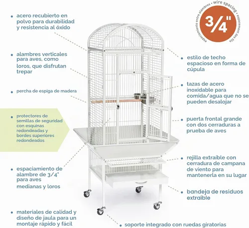 Vista 4 de Prevue Pet Products 34512 Dometop - Jaula para pájaros, pequeña, color blanco tiza Powder‑Coated Steel Cage with Wheels, Seed Guards, and Perch