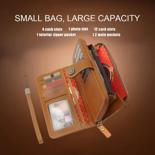Vista 9 de Leathario Carteras para las mujeres de cuero de gran capacidad de crédito 16 titular de la tarjeta titular organizador vintage, Marrón, Vintage