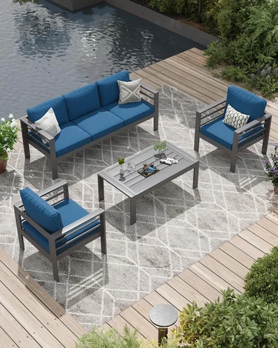 Vista 9 de AECOJOY Juego de muebles de patio de aluminio, muebles modernos de exterior de 5 asientos con mesa auxiliar, 4 piezas de sofá seccional