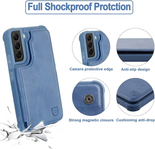 Vista 3 de VANAVAGY Funda tipo cartera compatible con Galaxy S22 con soporte para tarjetas de bloqueo RFID, piel sintética, cierre magnético, función atril