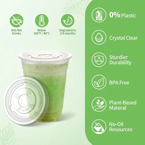 Vista 3 de Tazas de café helado desechables de plástico transparente compostable de 12 onzas con tapas planas, tazas biodegradables para beber frío para llevar