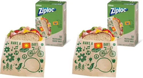 Vista 10 de Bolsas de papel para sándwiches y aperitivos Ziploc, reciclables y sellables con diseños divertidos, 50 bolsas en total