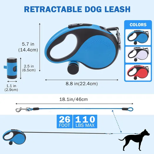 Vista 5 de SCENEREAL Correa retráctil para perros pequeños, medianos y grandes de hasta 110 libras, cinta de nailon sin enredos de 26 pies y 360° con cuerda