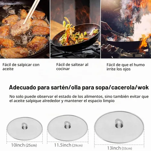 Vista 2 de Pantalla contra salpicaduras para cocinar, protector de salpicaduras de grasa de acero inoxidable para sartén, sin desorden de aceite de cocina, sin