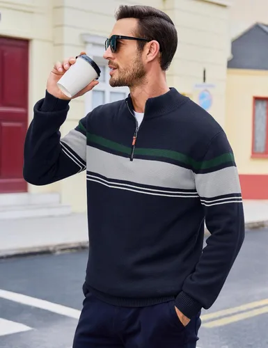 Vista 27 de MAGCOMSEN Suéteres de algodón con cremallera de 1/4 para hombre, suéter tipo polo, a rayas, para otoño e invierno, sudaderas cálidas