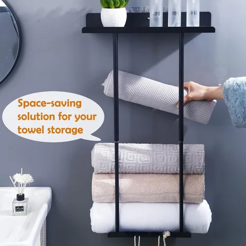 Vista 4 de Toallero de metal para colgar en la pared del baño, toallero de baño negro para almacenamiento de toallas de baño con ganchos para colgar y estante