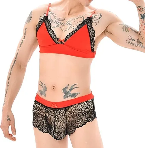 Vista 2 de QiaTi Lencería de encaje para hombre Sissy Crossdressing, ropa interior con brasier, ropa interior traslúcida, traje de bikini para dormir