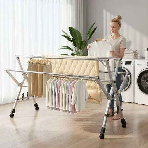 Vista 4 de This Stainless Steel Extendable Foldable Clothes Rack, Telescopic Garment Rack with Wheels, Collapsible Laundry Drying Rack for Multiple Outfits