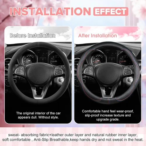 Vista 3 de Funda negra para volante de automóvil, antideslizante, transpirable, cómoda, de cuero PU, lindo protector universal, accesorios interiores