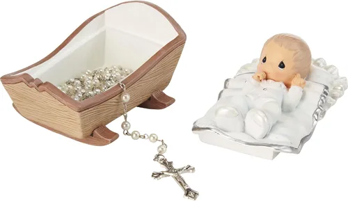 Vista 4 de Precious Moments Caja de rosario de bautismo de bebé en cuna con rosario blanco - niño