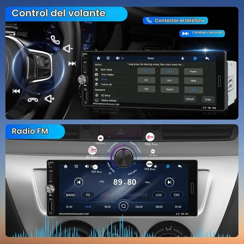 Vista 5 de Estéreo de coche de un solo DIN con CarPlay inalámbrico Android Auto Mirror Link, radio de coche Bluetooth Manos libres Headunit 6.9 pulgadas 1 DIN