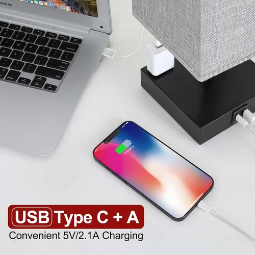 Vista 3 de Lámpara de Mesa de Noche para Dormitorio - Lámpara Pequeña Táctil con Puertos de Carga USB C+A y Tomacorrientes de CA, Luz de Mesa de Noche Gris