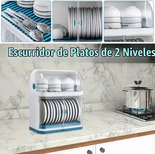 Vista 3 de Escurridor de platos con tapa, estante de secado de plástico de 2 niveles para cocina, platos y almacenamiento de platos