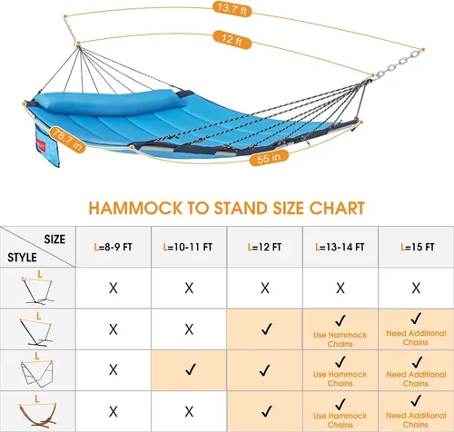 Vista 6 de Lazy Daze Hammocks Hamaca de tela acolchada de 12 pies con barra separadora de aluminio curvada, hamaca doble exterior con almohada suave, bolsillo