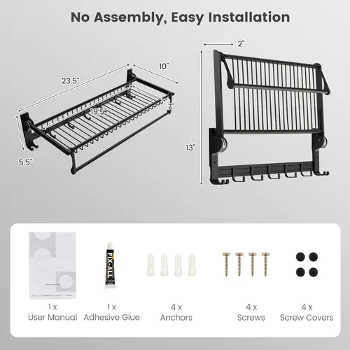 Vista 3 de Tangkula Estante de baño plegable, estante de baño montado en la pared con barra ajustable y ganchos móviles, organizador de aluminio a prueba