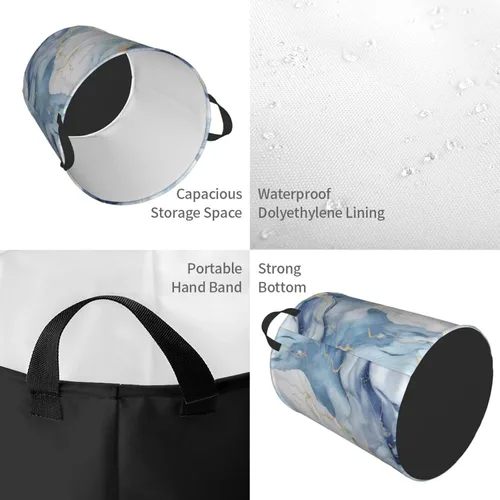 Vista 4 de Cesta circular con estampado de mármol blanco y azul, impermeable, cesta organizadora de lavandería, con asas, para ropa, juguetes, pequeña