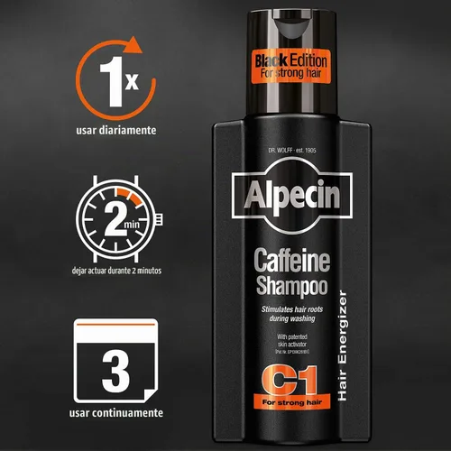 Vista 5 de Alpecin Champú C1 Cafeína Edición Negra, 2 x 8.5 fl oz – Para el crecimiento natural del cabello