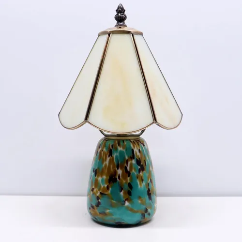 Vista 4 de Tiffany Style Stained Glass Table Lamp 12 Inch - Milky White Mushroom Lamp, 7X7X12 Inch,Mini Night Light, Glass Base, Accent Light,E12 Bulb