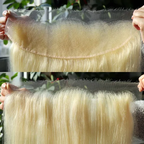 Vista 9 de BEEOS Frontal de Encaje HD de 13 x 4 pulgadas Solamente, cabello humano virgen lacio de color rubio 613, línea de cabello prearrancado de 0.10mm