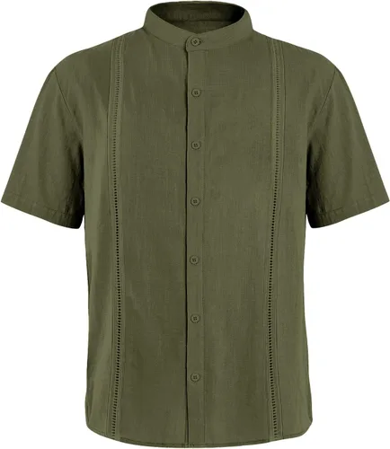 Vista 6 de Ryannology Camisas guayabera de lino de manga corta con botones para hombre, estilo casual, playa, campamento cubano, camisa mexicana para hombre