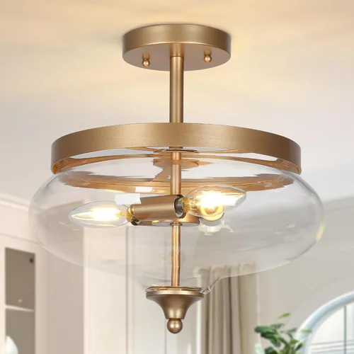 Vista 10 de classy leaves Lámpara de techo semiempotrada, color negro y dorado, lámpara de techo de 3 luces moderna de granja con vidrio sembrado para cocina