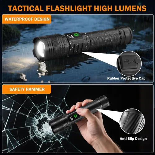 Vista 6 de Paquete de 3 linternas recargables de alto lúmenes 9900FL, linterna LED recargable con pantalla digital LCD, 5 modos de luz de flash ajustable