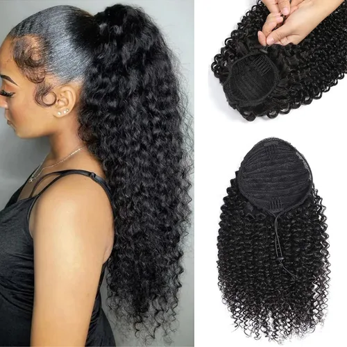 Vista 17 de Extensiones de cabello rizado para cola de caballo, cabello rizado para cola de caballo, extensión de cabello humano virgen brasileño