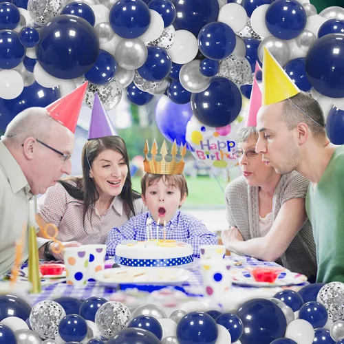 Vista 4 de 145 globos de color azul marino y plateado y 142 globos rojos, blancos y azules para cumpleaños, béisbol, temática náutica, fiesta, fiesta