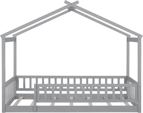 Vista 4 de Cama con dosel con valla, moderna cama de plataforma de madera maciza con cabecera y soporte de listones, moderna cama con paneles de 4 carteles Gris