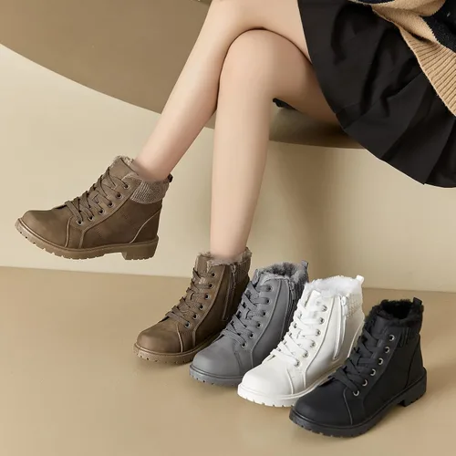 Vista 8 de Uoidru Botas de combate para mujer, botines de tobillo negro, botas de nieve de invierno, botas blancas con cordones, cómodas botas peludas