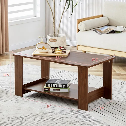 Vista 11 de Mesas de centro modernas de 2 niveles rectangulares de madera con amplio almacenamiento, perfectas para sala de estar, decoración de sala