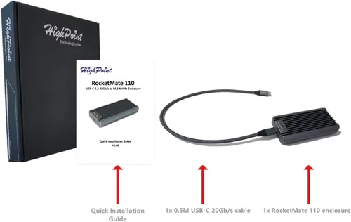 Vista 3 de HighPoint Tecnologías RocketMate 110 USB 3.2 20G a PCIe Gen3 x4 M.2 (2242/2260/2280) Gabinete NVMe