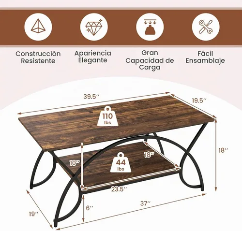 Vista 3 de GIANTEX - Mesa auxiliar de 2 niveles con almacenamiento, mesa central de madera de 39.5 pulgadas, color marrón