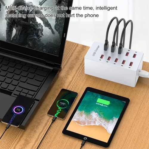 Vista 2 de Cargador USB de 10 puertos estación de carga para múltiples dispositivos, cargador de pared USB, tira de concentrador de alimentación, enchufe