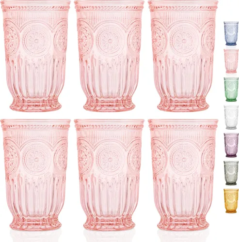 Vista 3 de Paquete de cristalería rosa, colección de cristalería vintage para fiesta, juego de copas de vino rosadas y 6 vasos altos rosados, vasos rosados a