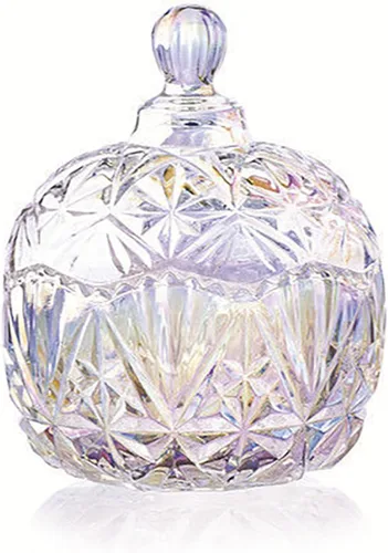 Vista 25 de Tarro de almacenamiento de caramelos de vidrio de cristal colorido con relieve, lujoso recipiente para buffet de galletas con tapas, caja