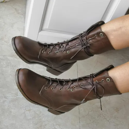 Vista 4 de Botas de combate romanas de cuero para mujer, con cordones, de media pantorrilla, para invierno, al aire libre, casual, para caminar, a la moda