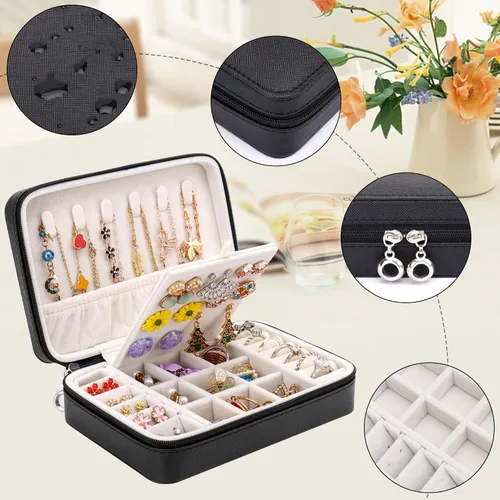 Vista 4 de DesignSter Joyero pequeño Joyero de viaje de piel sintética, organizador de joyas, soporte de almacenamiento para collares, aretes, anillos