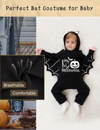 Vista 5 de Goodstoworld Disfraz de Halloween para bebé recién nacido, niño y niña, murciélago negro que brilla en la oscuridad, body de 0 a 18 meses