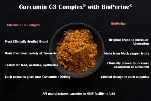 Vista 4 de AFI Curcumina C3 Complejo con BioPerine, 60 cápsulas vegetales Apoyo a la salud articular, antioxidante, cúrcuma 95% curcuminoides, pimienta negra