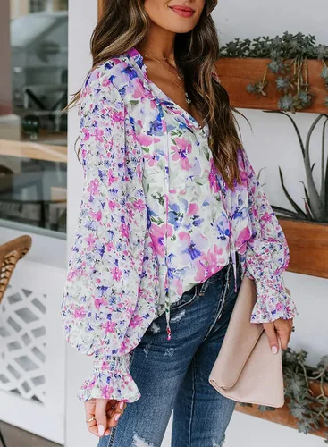 Vista 2 de Dokotoo - Blusa informal, bohemia y con estampado floral para mujer, camiseta con cuello en V y con cordón, blusas de manga corta y manga larga