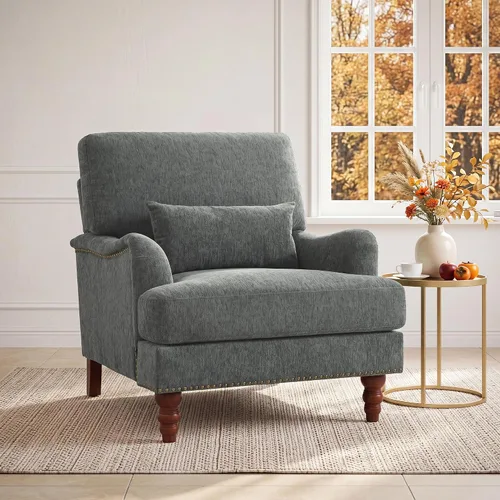 Vista 31 de Mid-Century - Silla decorativa moderna con almohada lumbar, color gris Chenille Gris Claro