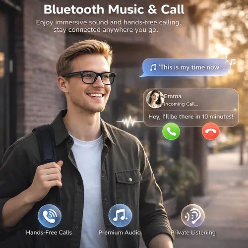 Vista 4 de Lentes inteligentes con cámara, 1080P HD cámara de grabación de video gafas de audio Bluetooth Open-Ear Audio, asistente de voz AI, cámaras duales