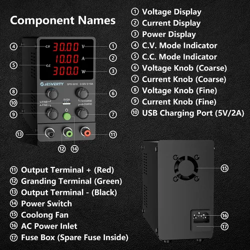 Vista 3 de Fuente de alimentación de CC variable, 0-30V 0-10A Fuente de alimentación de banco regulada de CC con pantalla LED de 4 dígitos de alta precisión