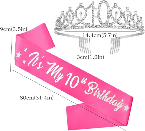 Vista 2 de Decoraciones de cumpleaños número 10 para niñas, banda y corona de dos dígitos con purpurina rosa intenso, globos de papel de aluminio de estrella