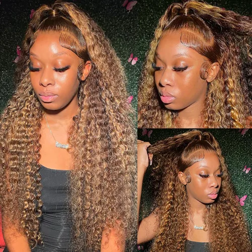 Vista 19 de Highlight Pelucas de Encaje Frontal 13x6 Cabello Humano Rubio Miel Ombré Ondas Profundas Pelucas de Encaje Frontal Cabello Humano para Mujeres