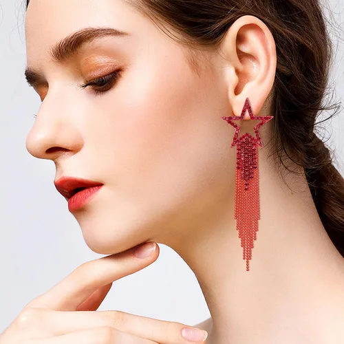 Vista 2 de EVER FAITH Aretes de borla de estrella para mujer, aretes largos de cristal de diamantes de imitación con cuentas de cascada con flecos, aretes